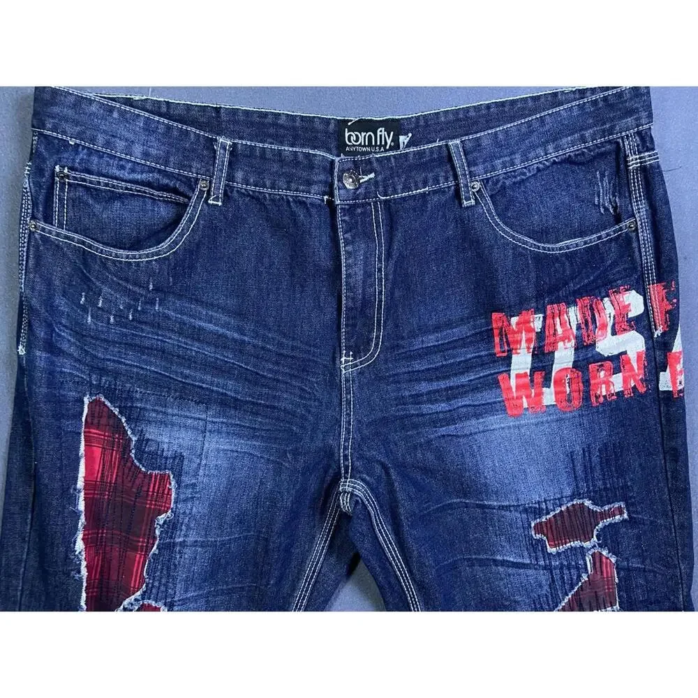 Born Fly Anytown USA Distressed Patch Paint Streetwear Denim Jeans Mens 42 44x35